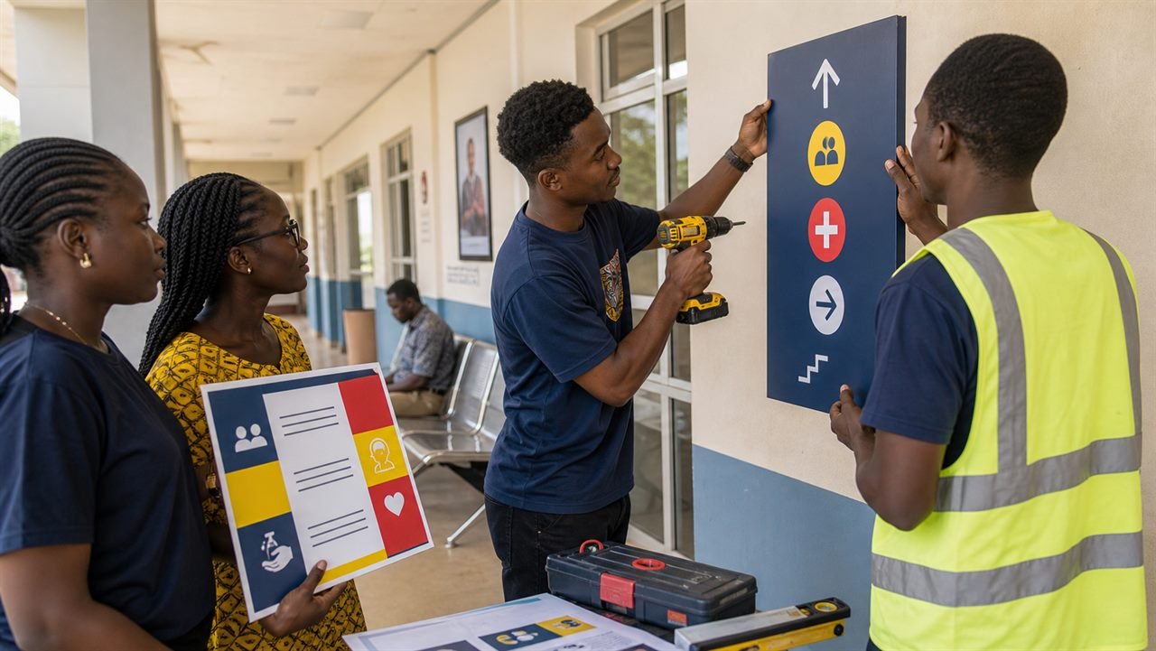 Students installing a wayfinding sign.