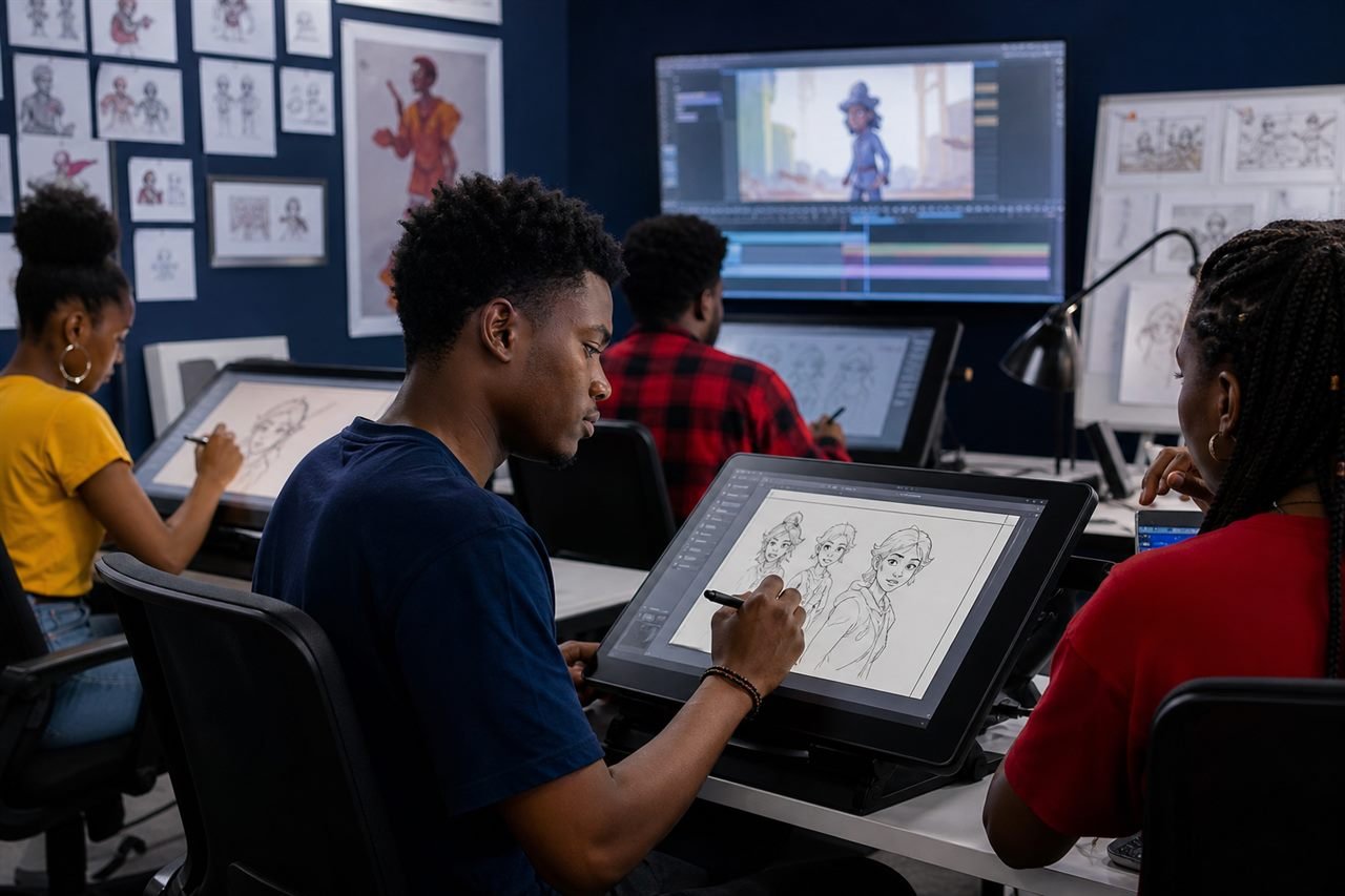 Animation students drawing on tablets.