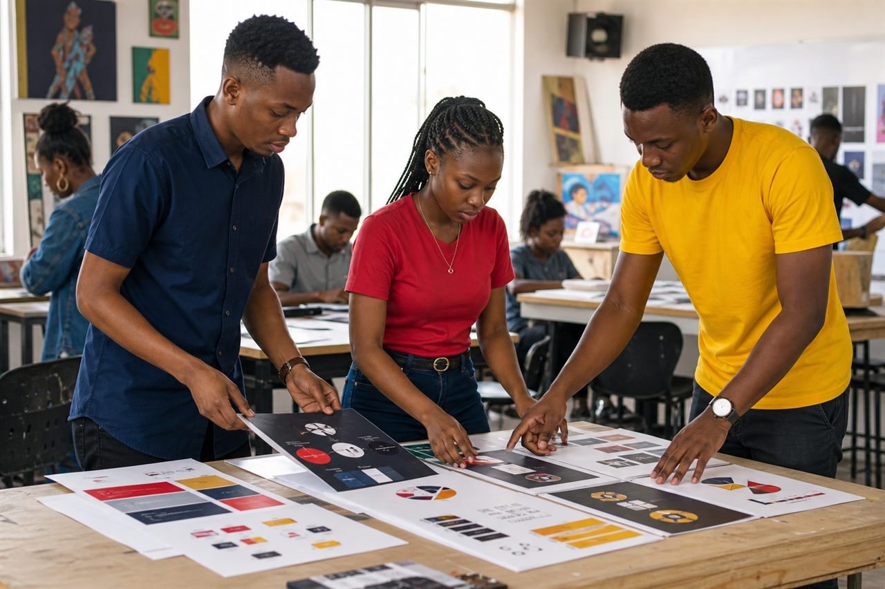 Students arranging brand identity boards.