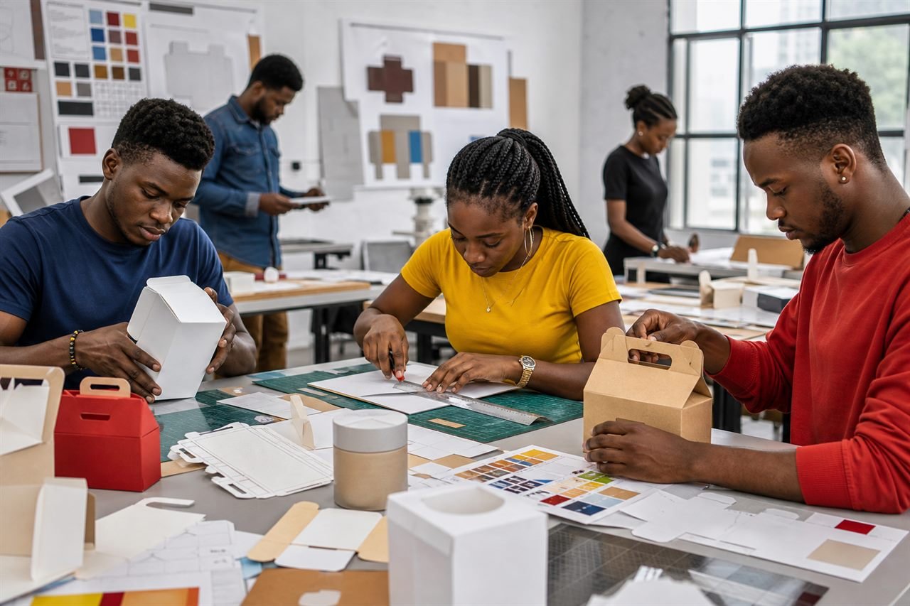 Students building packaging prototypes.