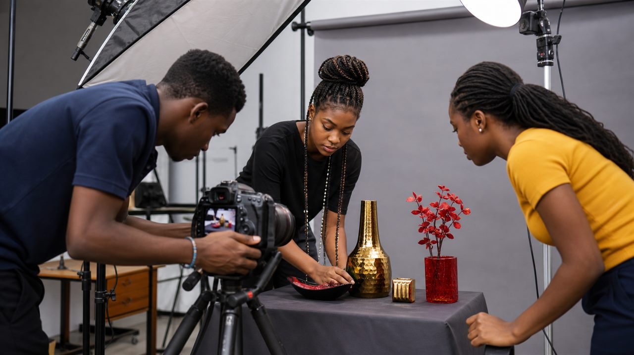 Students setting up a photography studio.