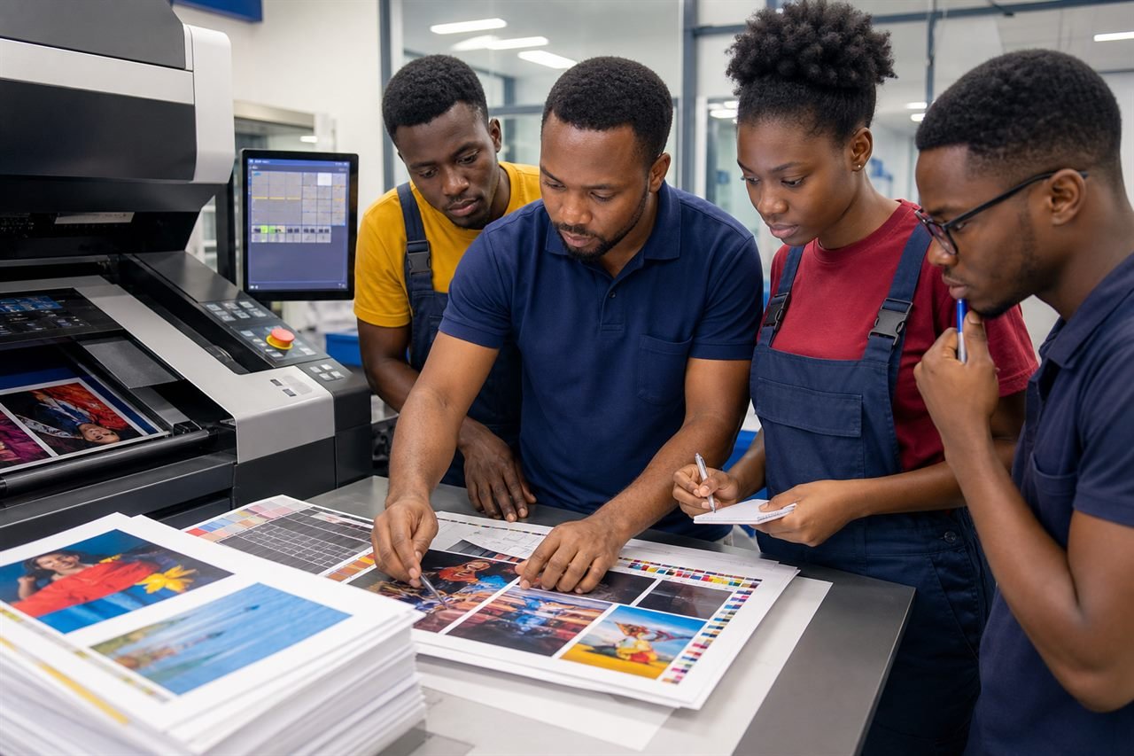 Students checking printed proofs.