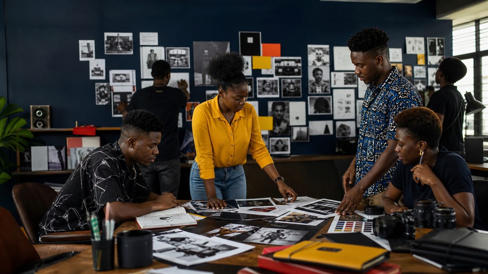 Black design students planning editorial content.