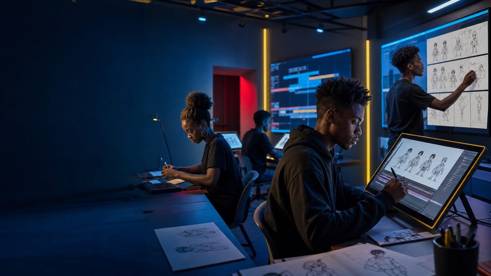 Black students working in an animation lab.