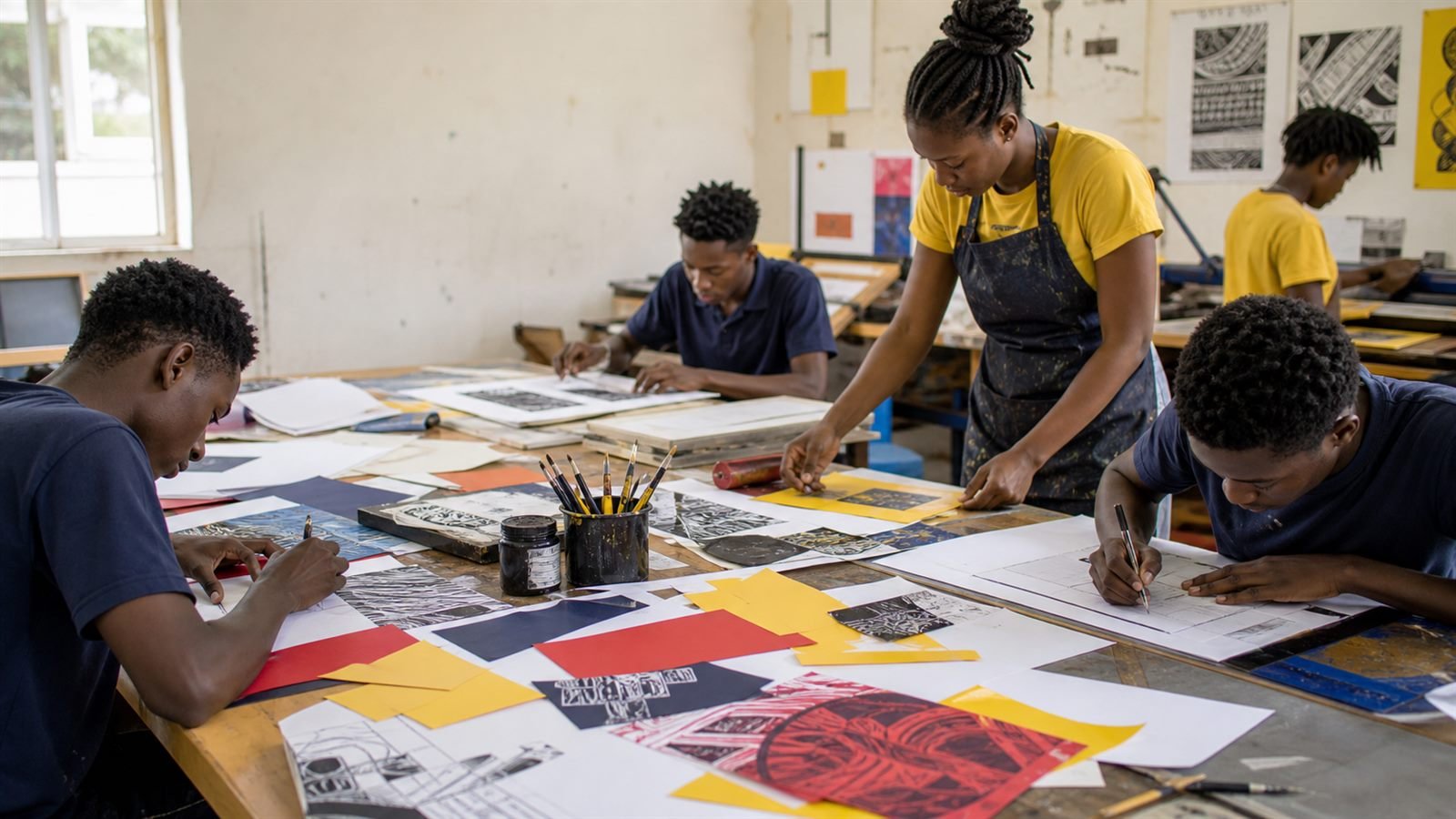 Black students creating commercial art work.