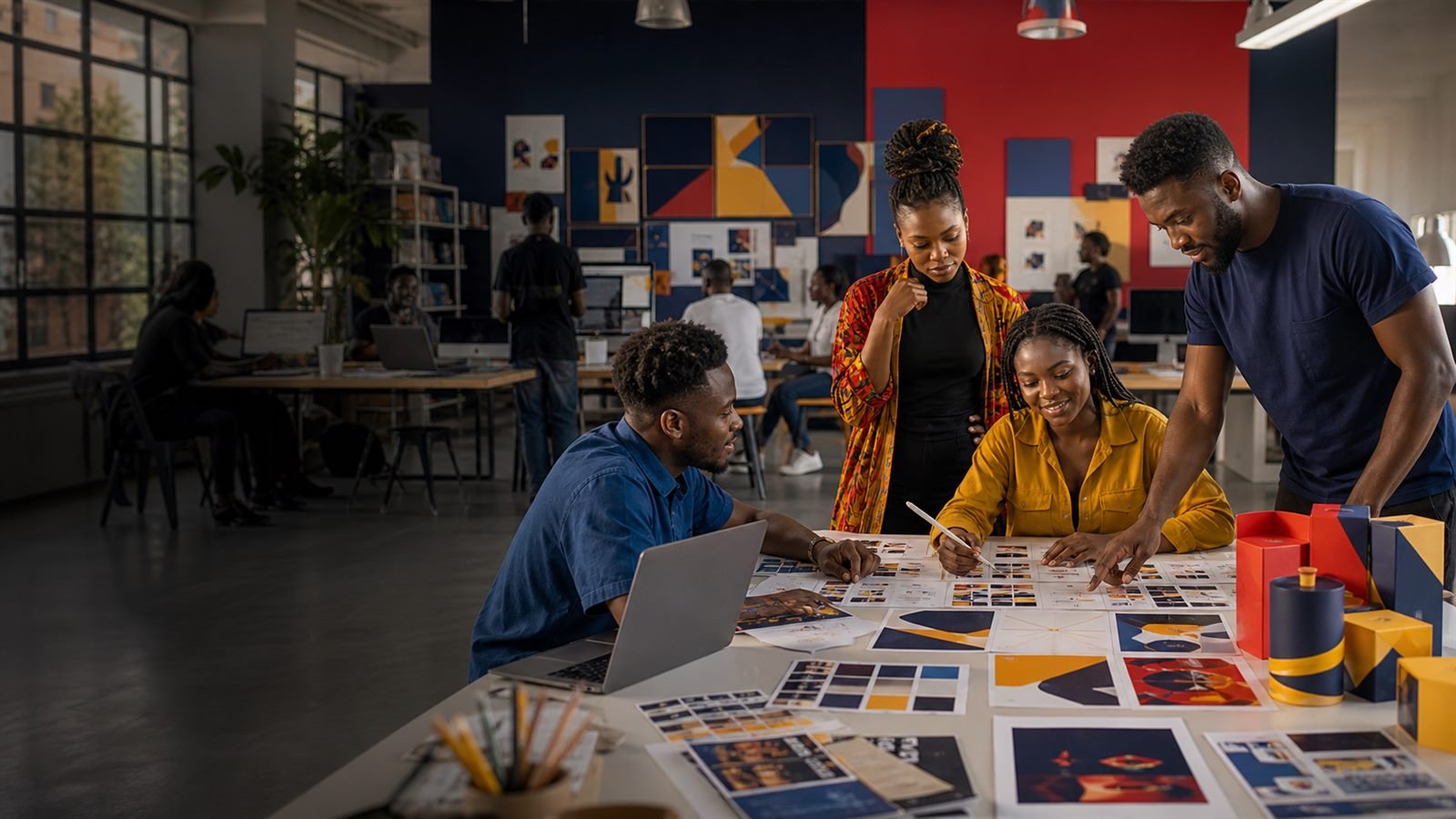 Black graphic design students and staff collaborating in a studio.