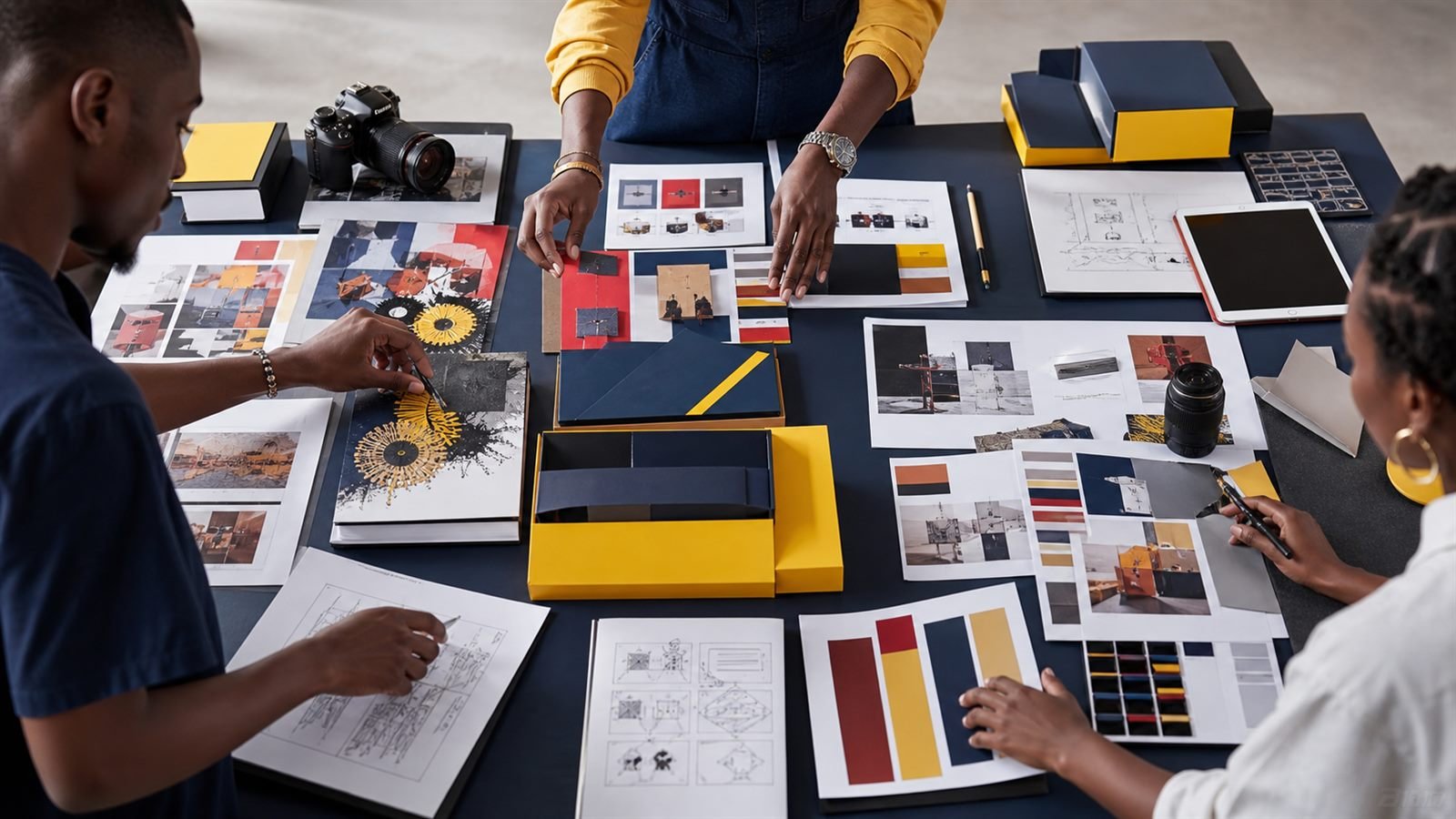 Black students arranging design pathway materials.