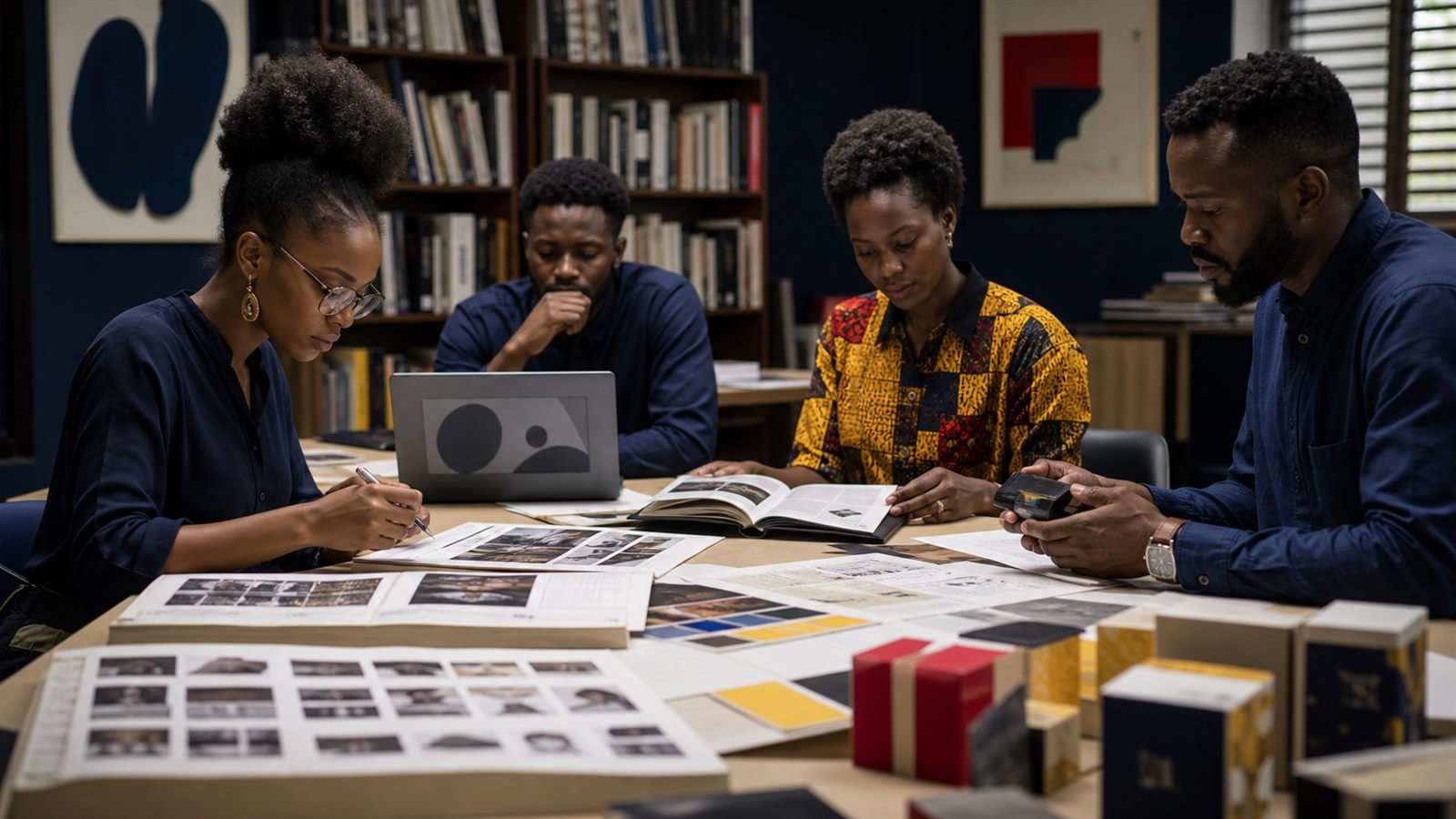 Black design researchers reviewing books, papers, and prototypes.