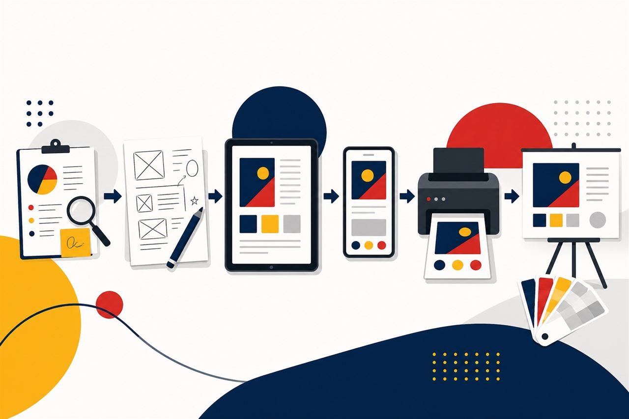 Illustrated process from sketch to digital layout and print.