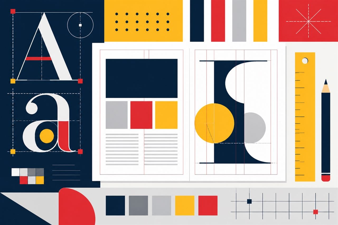 Illustrated typography grids, layout systems, and colour swatches.