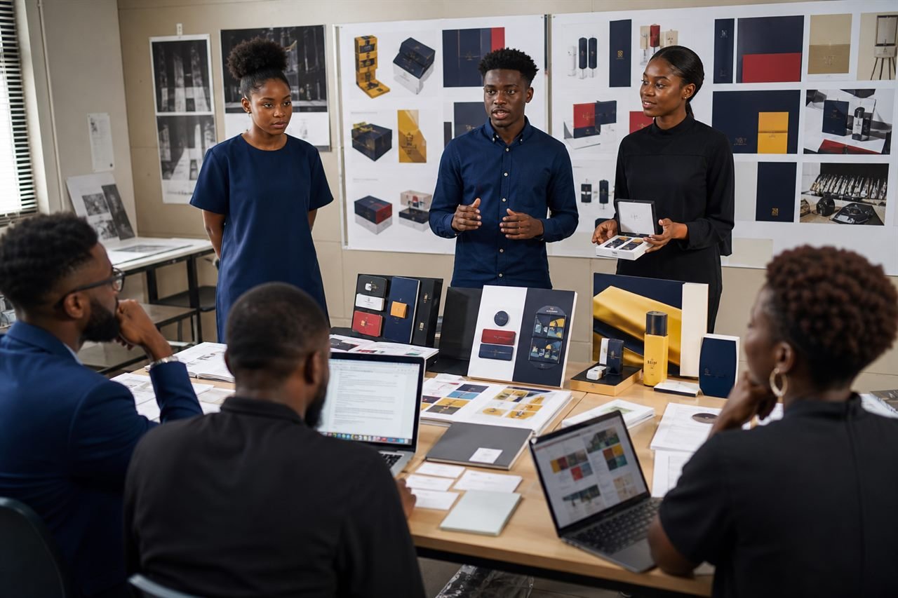 Students presenting portfolio boards and product mockups.
