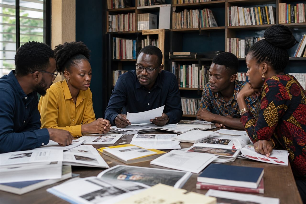 Design lecturers and students reviewing publications.