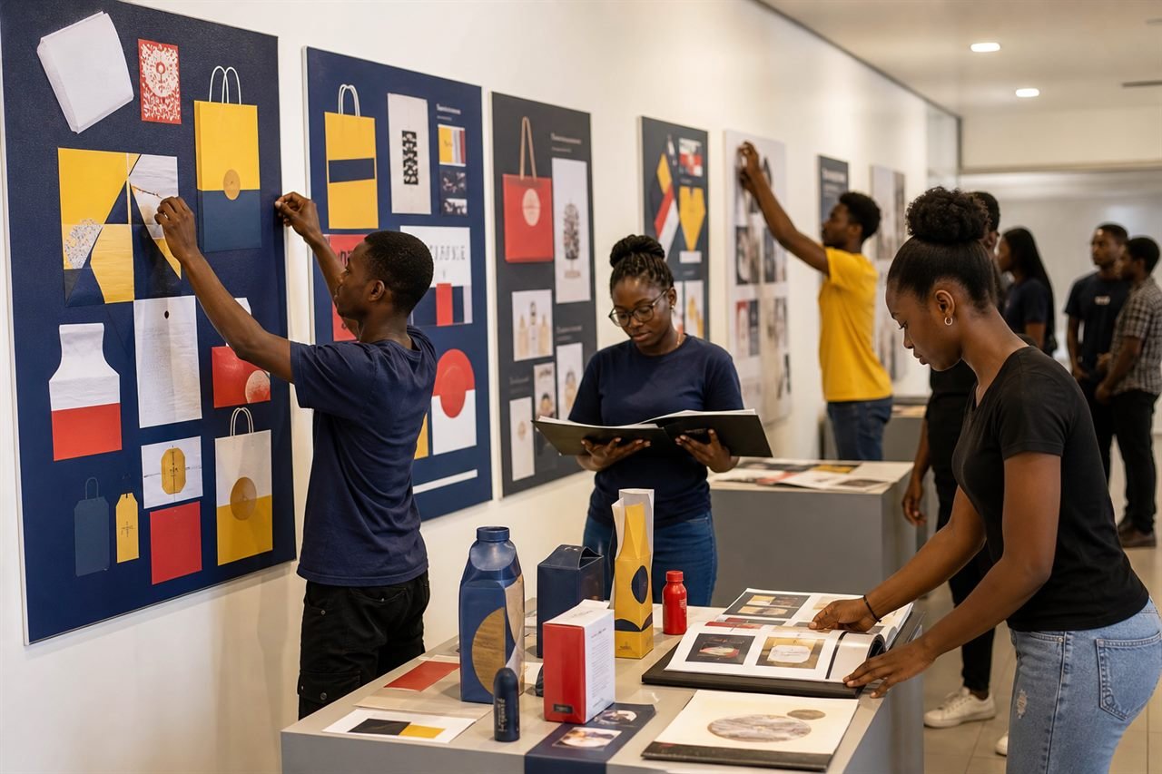 Students installing exhibition boards.